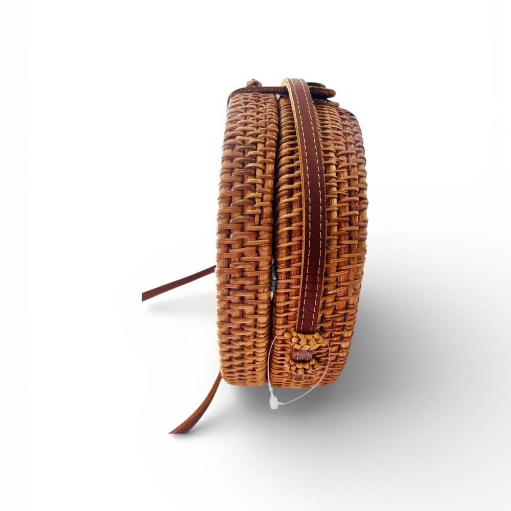 Round Rattan Bali Bag Wicker Crossbody Purse Leather Strap Tropical Lined Boho - Picture 4 of 5